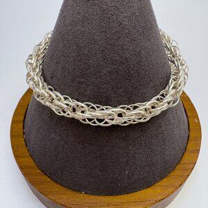 VTG Sterling Silver Woven Round Link Bracelet Round Bell Charm Hook Clasp 7.25"